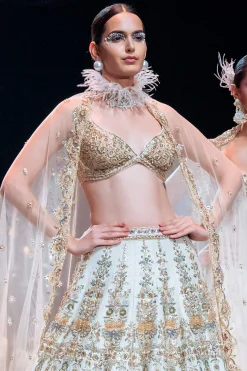 Beige Bridal Lehenga Set in Silk With Organza Flowers And 3D Embroidery