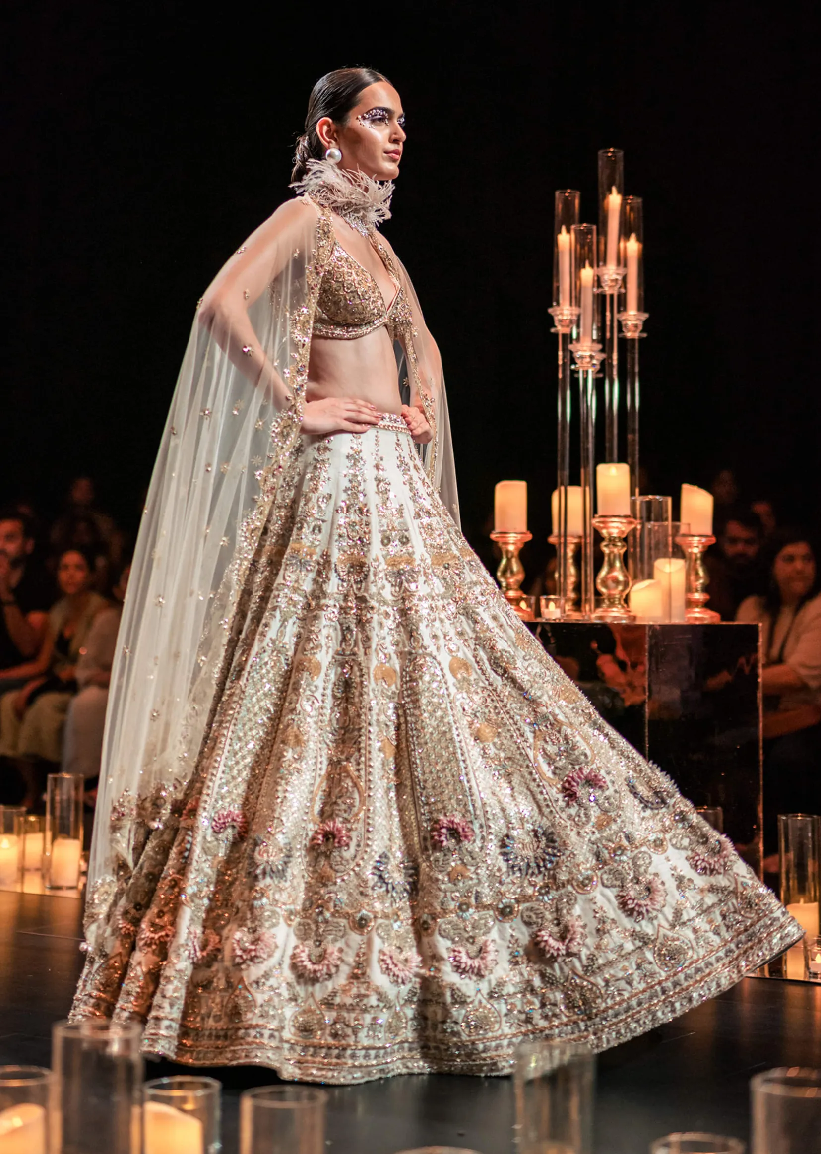 Beige Bridal Lehenga Set in Silk With Organza Flowers And 3D Embroidery