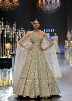 Beige Bridal Lehenga Set In Raw Silk With Jaal Embroidery And Pearl Tassels