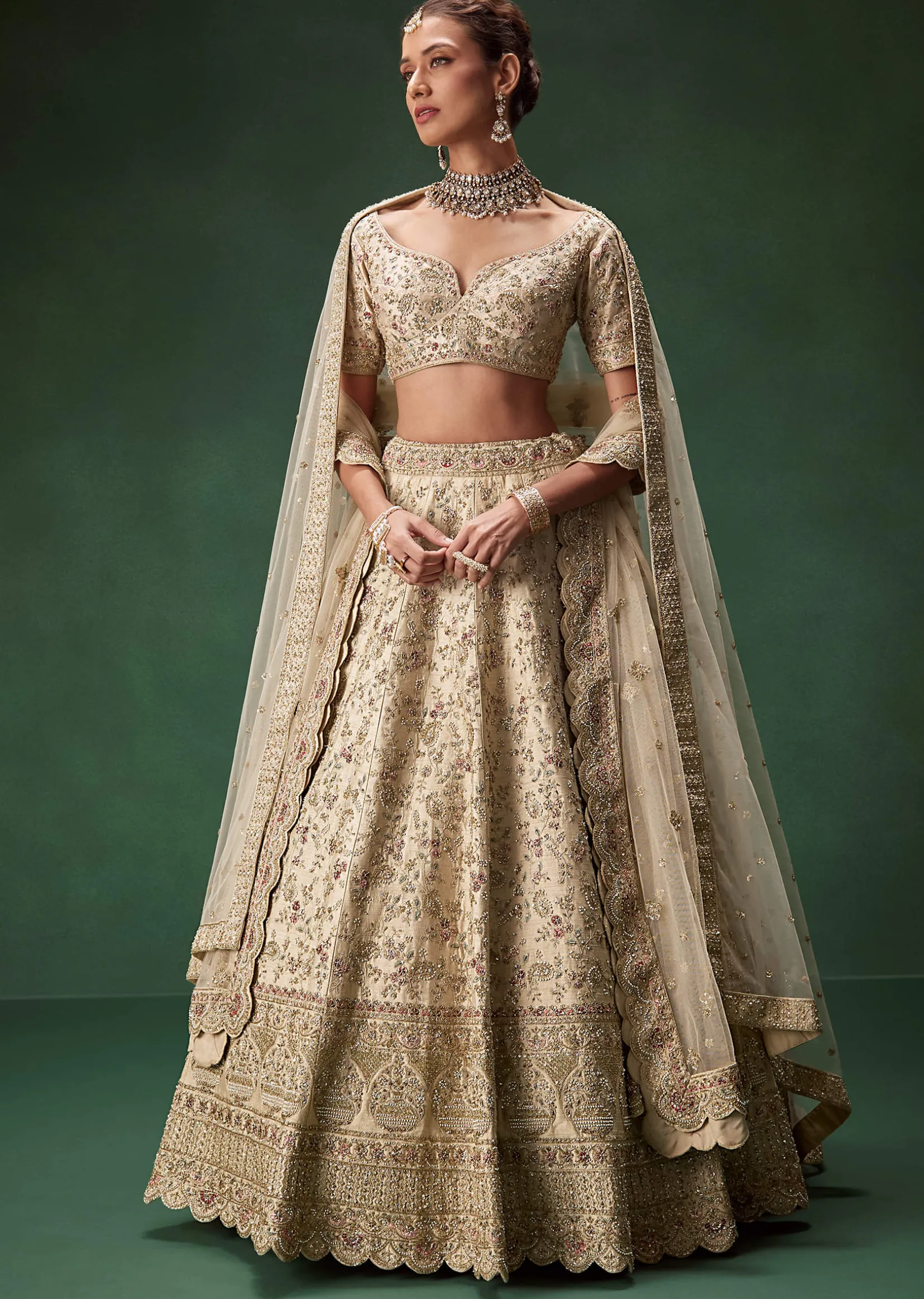 Beige Bridal Lehenga With Sequin And Zari Work