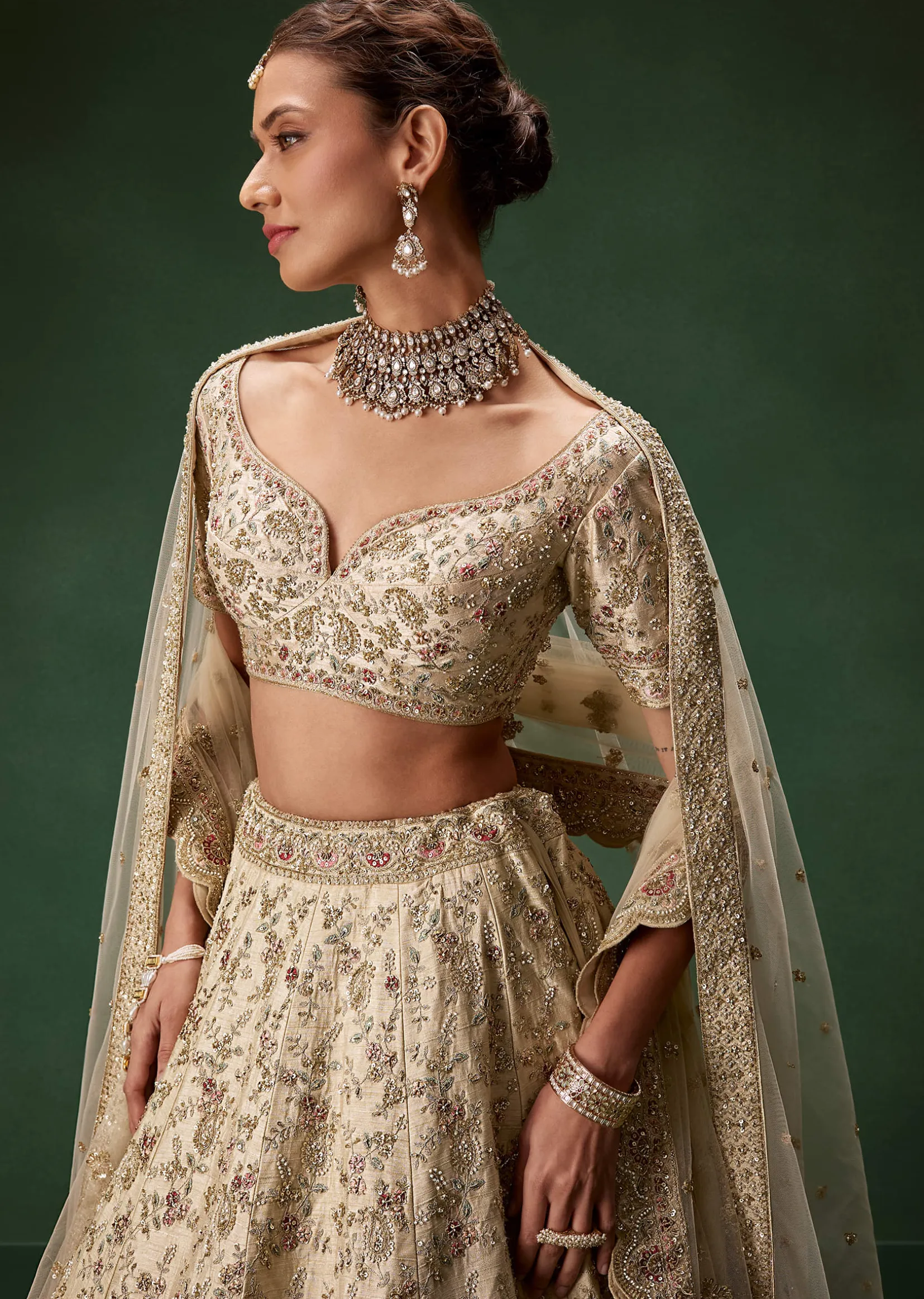 Beige Bridal Lehenga With Sequin And Zari Work