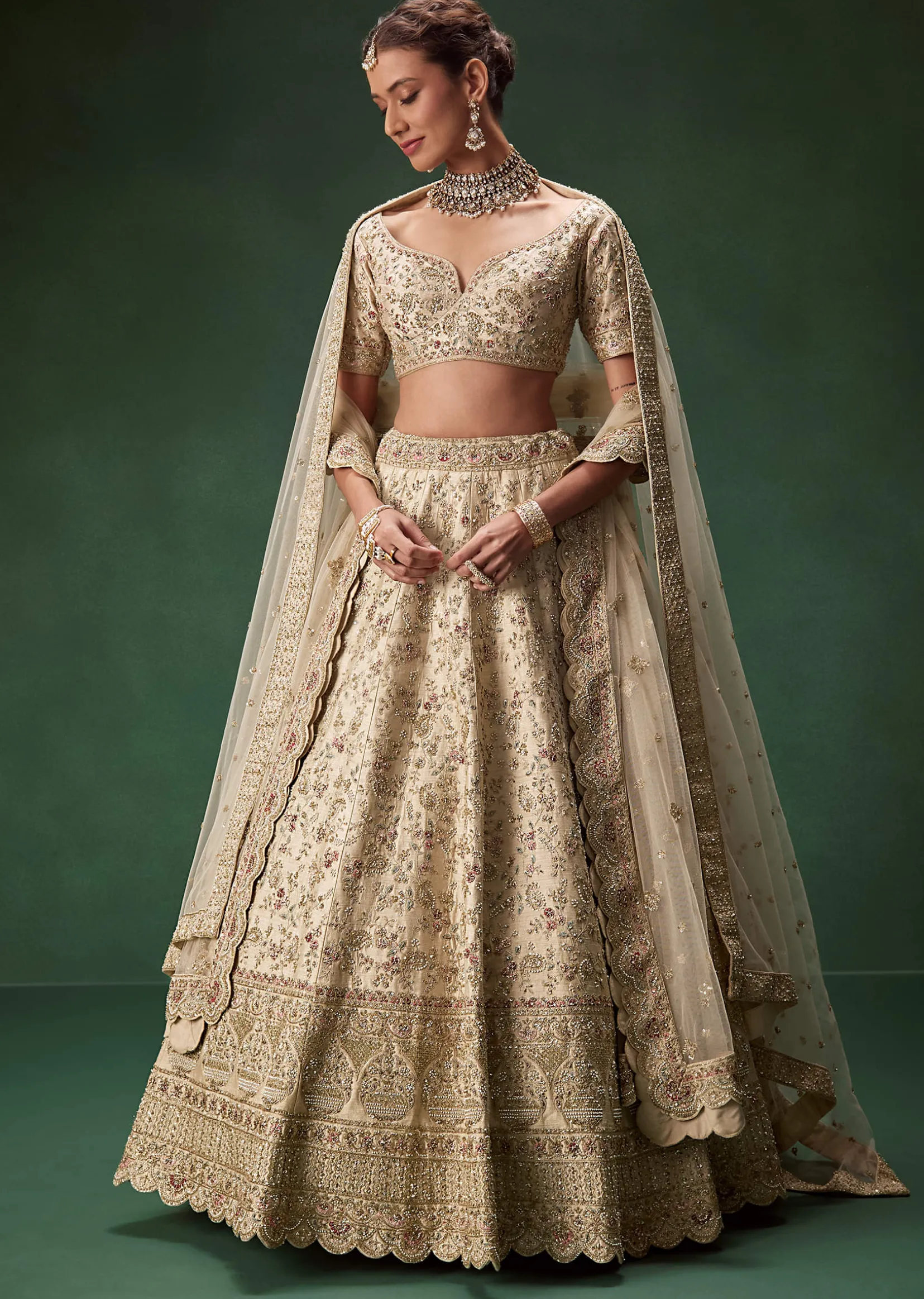Beige Bridal Lehenga With Sequin And Zari Work