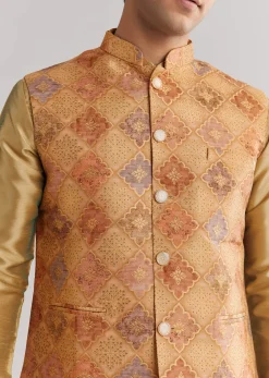 Beige Brocade Jacket Kurta Set