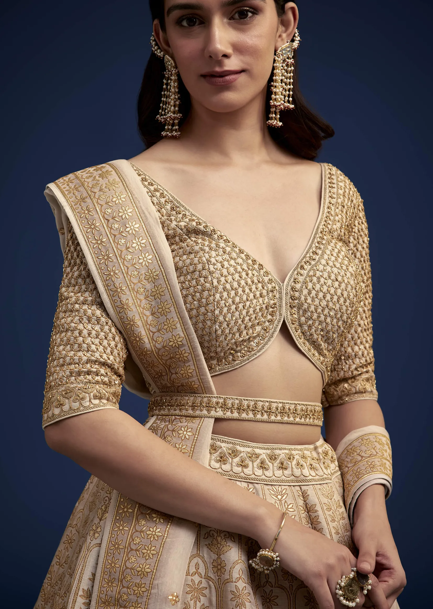 Beige Brocade Lehenga Set And Belt
