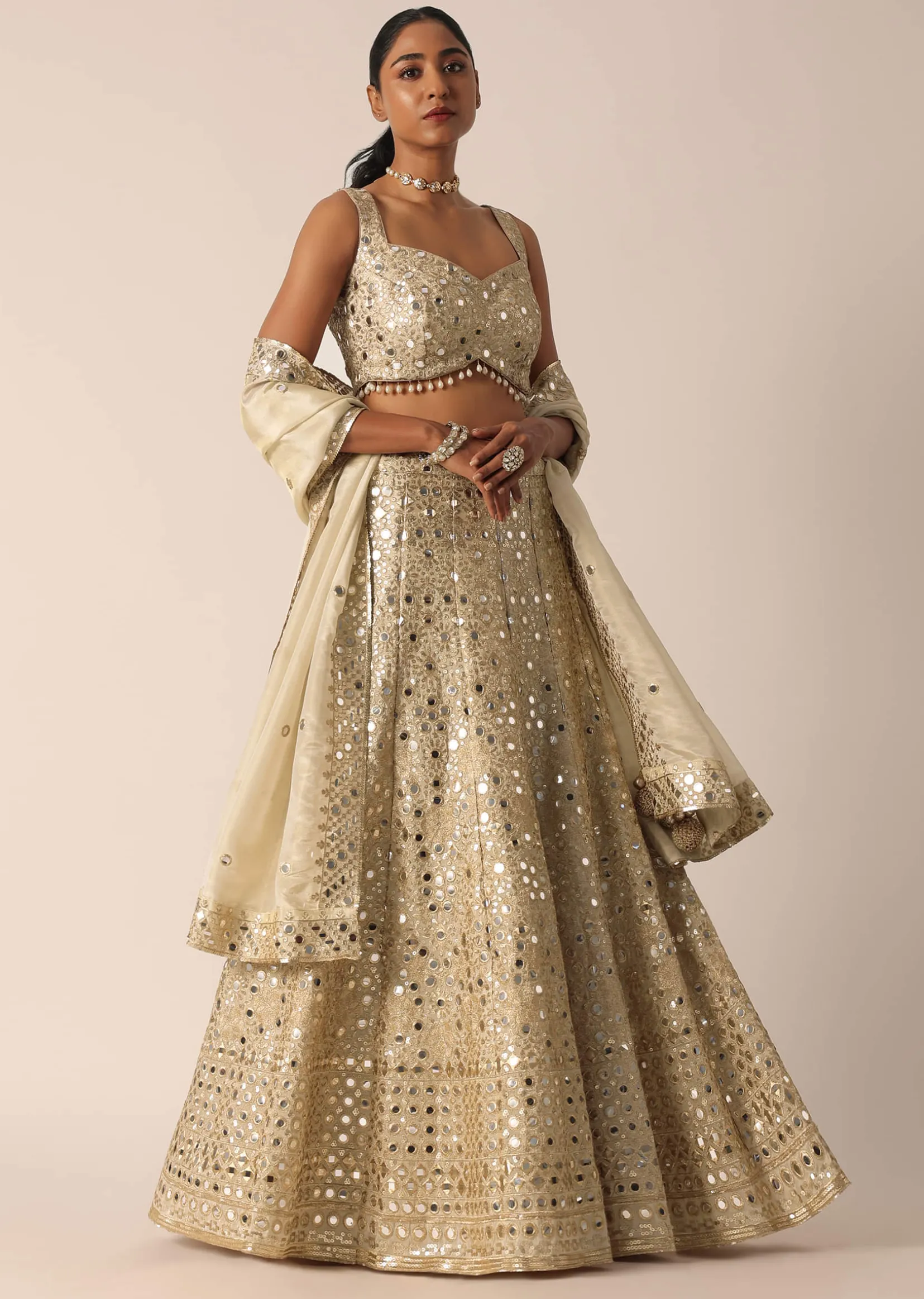 Beige Chanderi Mirror Embellished Lehenga Set