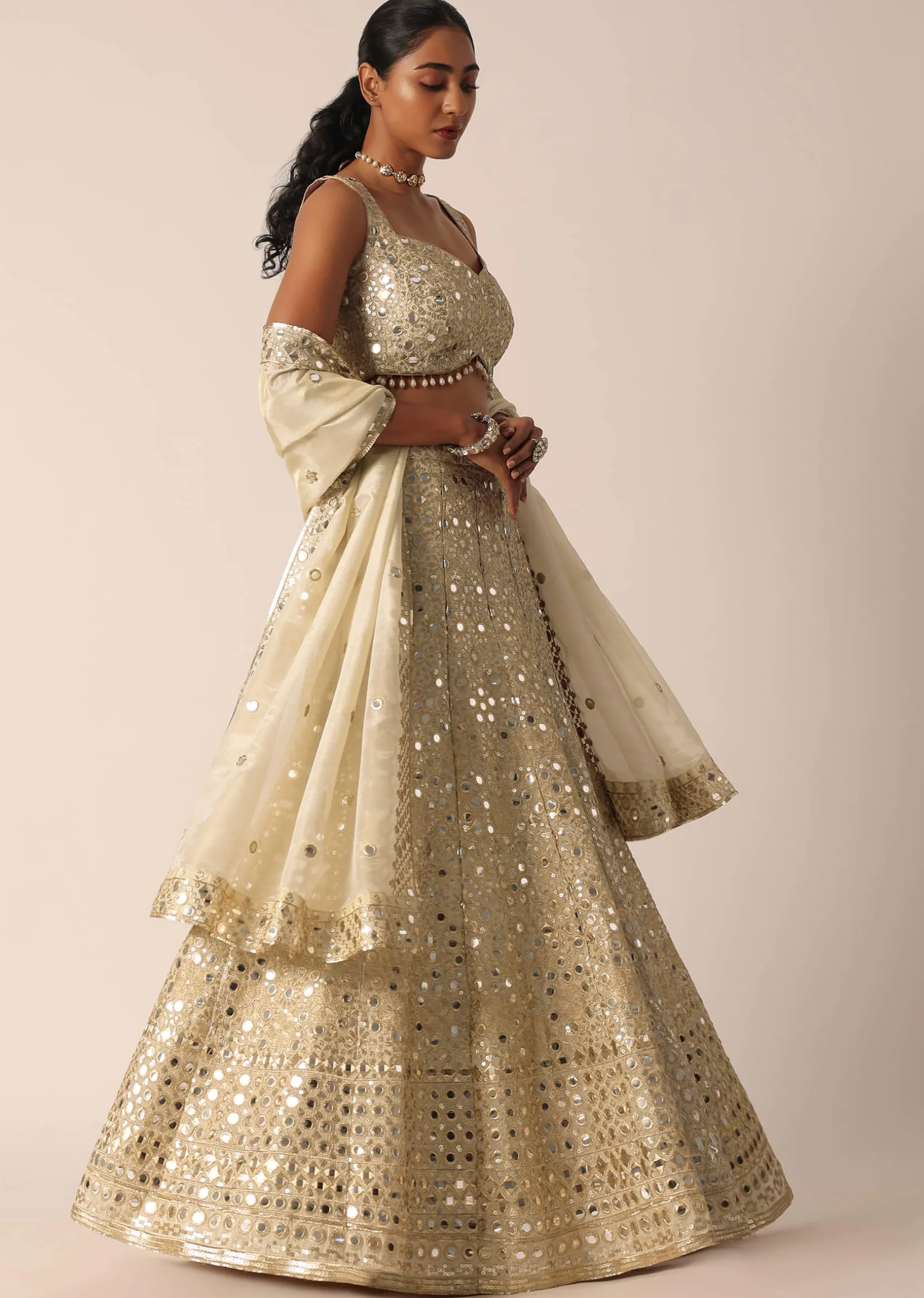 Beige Chanderi Mirror Embellished Lehenga Set