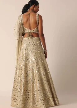 Beige Chanderi Mirror Embellished Lehenga Set