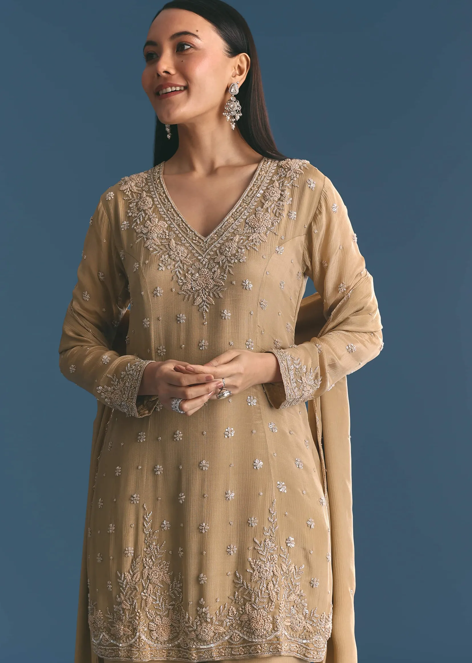 Beige Chinon Kurta Palazzo Suit With Sequins Thread Work