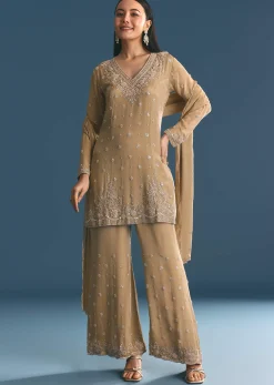 Beige Chinon Kurta Palazzo Suit With Sequins Thread Work