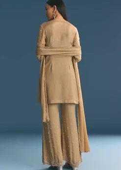 Beige Chinon Kurta Palazzo Suit With Sequins Thread Work