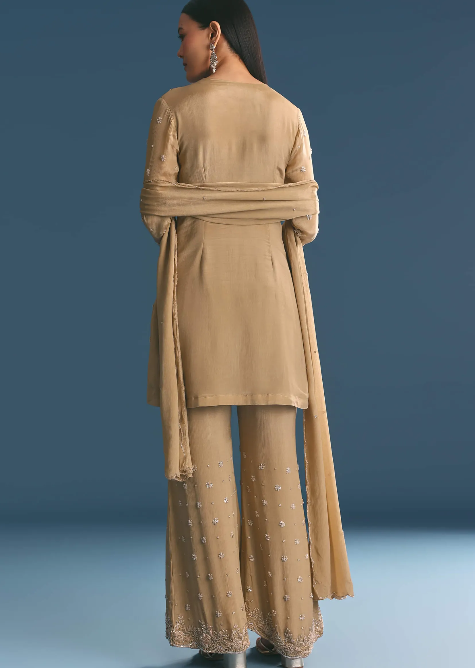 Beige Chinon Kurta Palazzo Suit With Sequins Thread Work