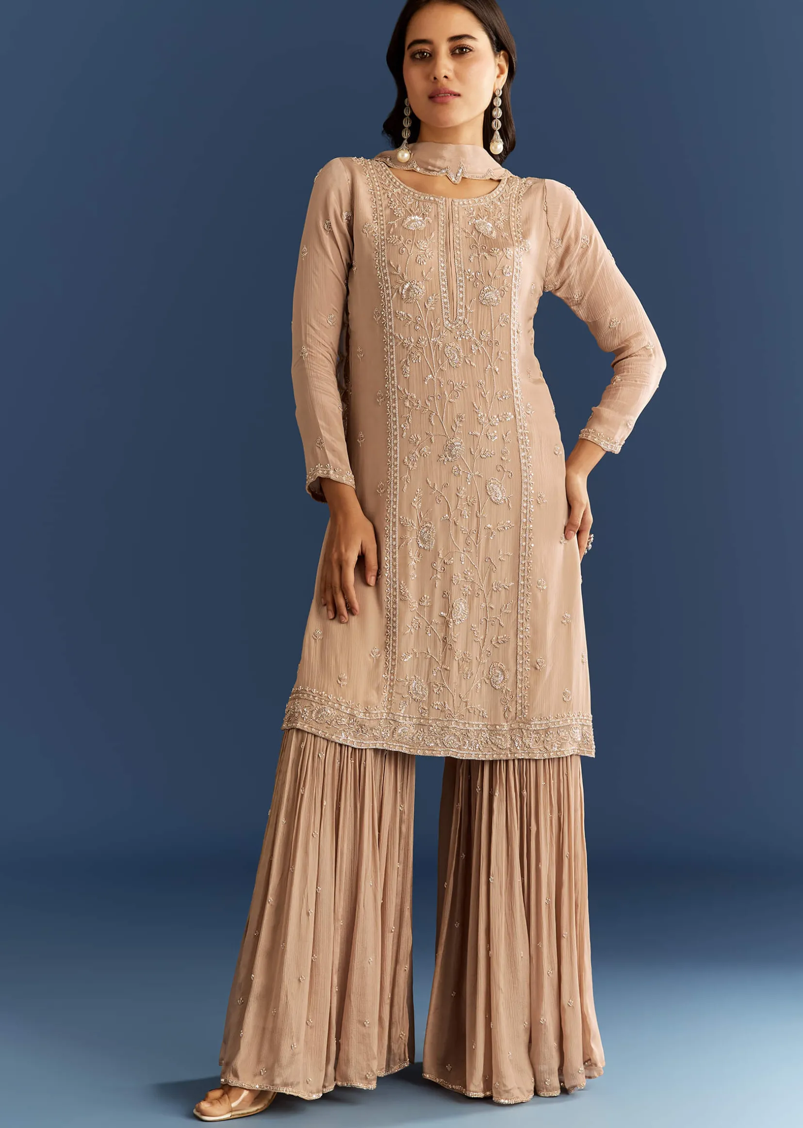 Beige Chinon Kurta Sharara Set With Cut Dana Sequins Work