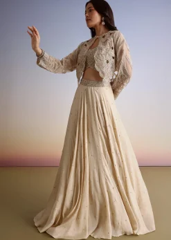 Beige Chinon Lehenga Jacket Set With Beads And Cutdana Work