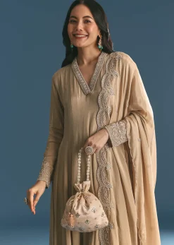 Beige Chinon Zardosi Work Anarkali Suit With Embroidered Dupatta