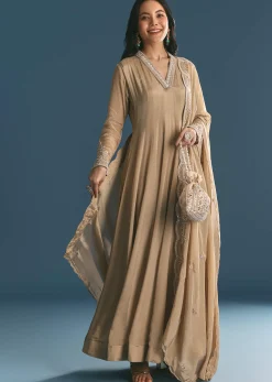 Beige Chinon Zardosi Work Anarkali Suit With Embroidered Dupatta