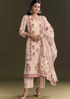 Beige Cotton Block Print Kurta Set With Printed Dupatta