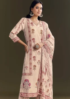 Beige Cotton Block Print Kurta Set With Printed Dupatta