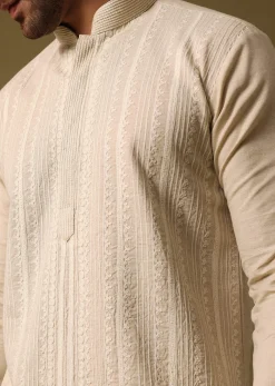 Beige Cotton Kurta Set With Resham Work For Men