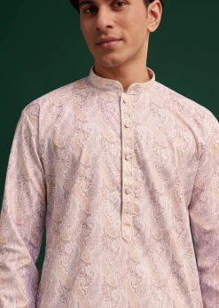 Beige Cotton Paisley Printed Kurta Set