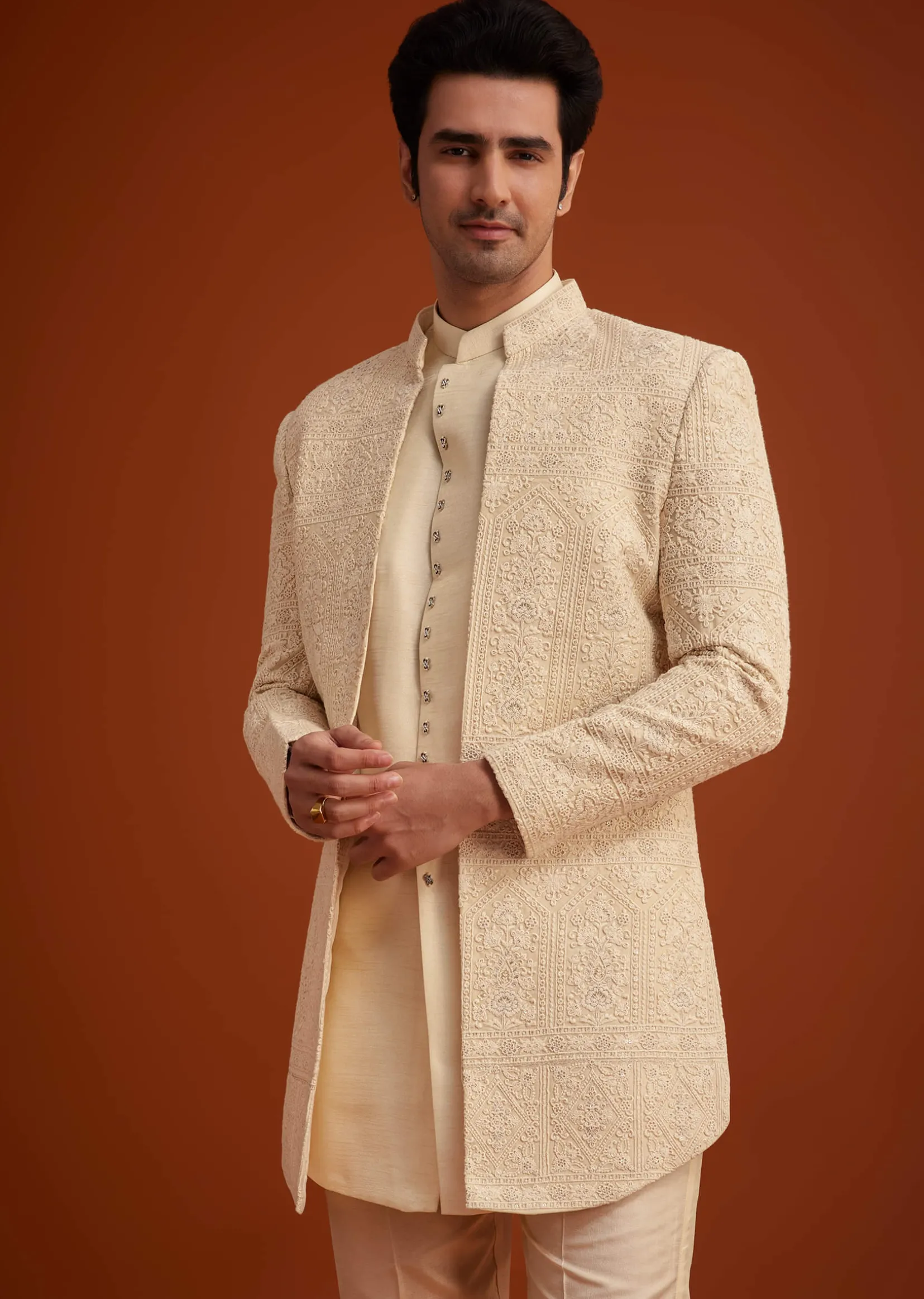 Beige Cotton Silk Open Sherwani Set With Resham Work