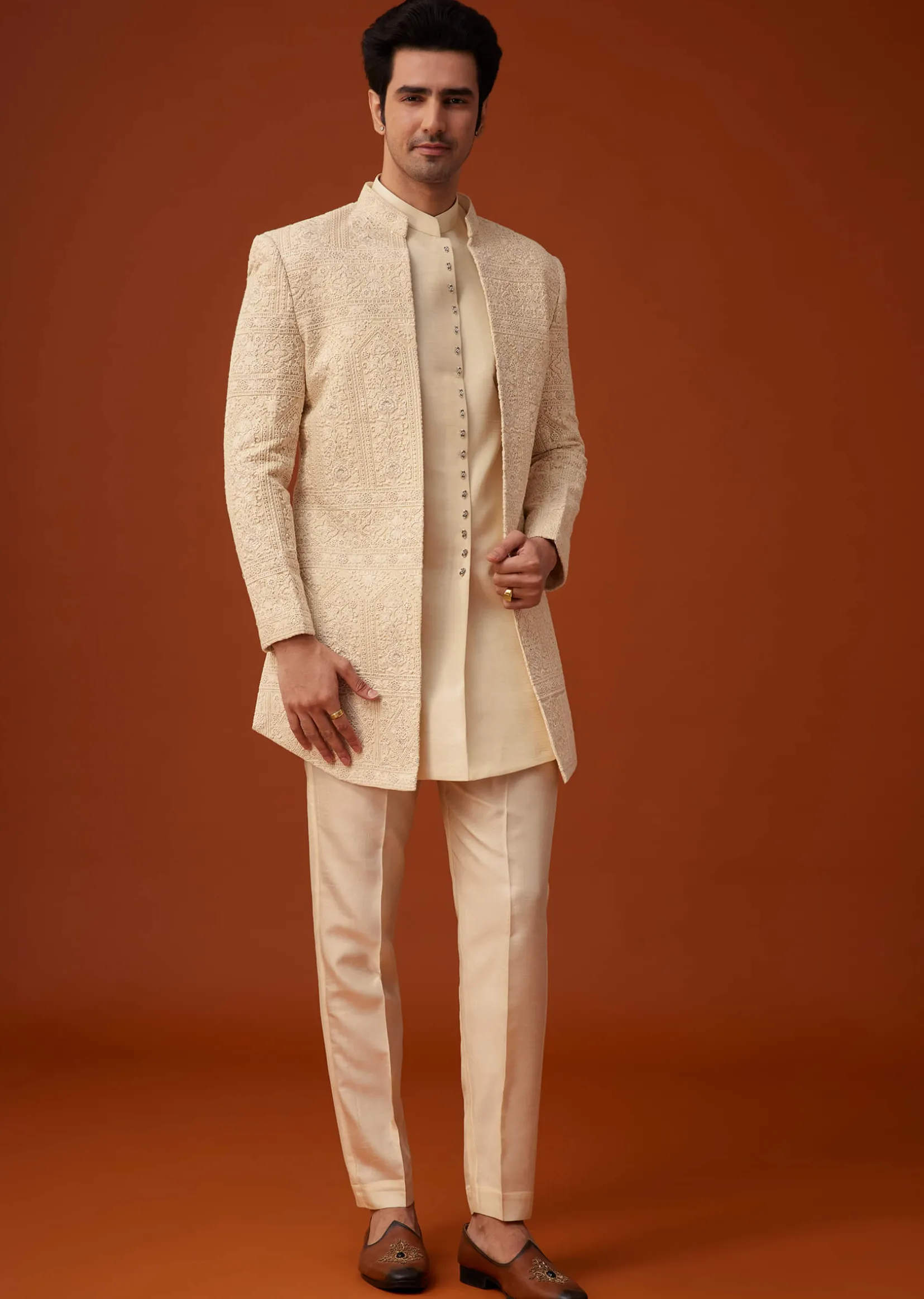 Beige Cotton Silk Open Sherwani Set With Resham Work