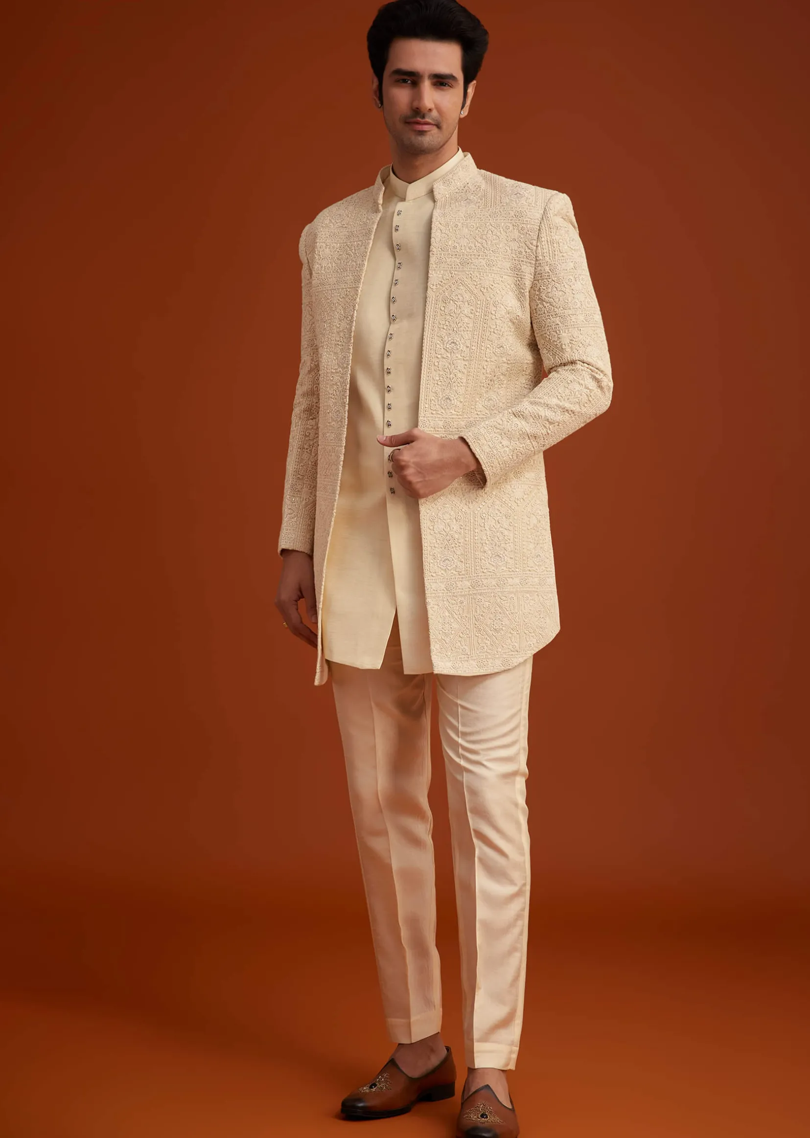 Beige Cotton Silk Open Sherwani Set With Resham Work