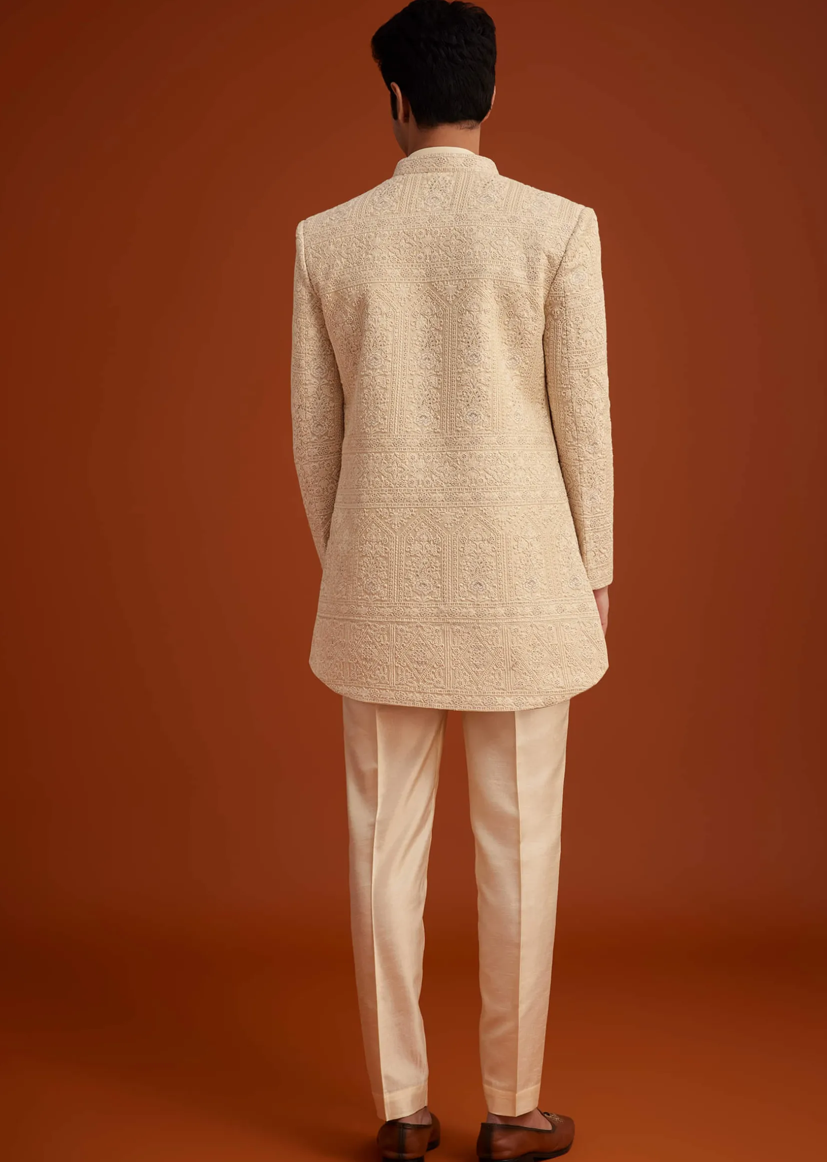 Beige Cotton Silk Open Sherwani Set With Resham Work