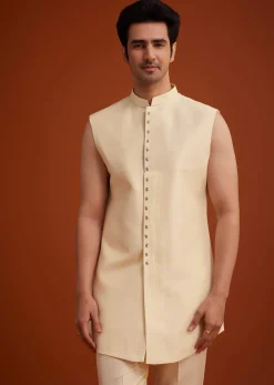 Beige Cotton Silk Open Sherwani Set With Resham Work