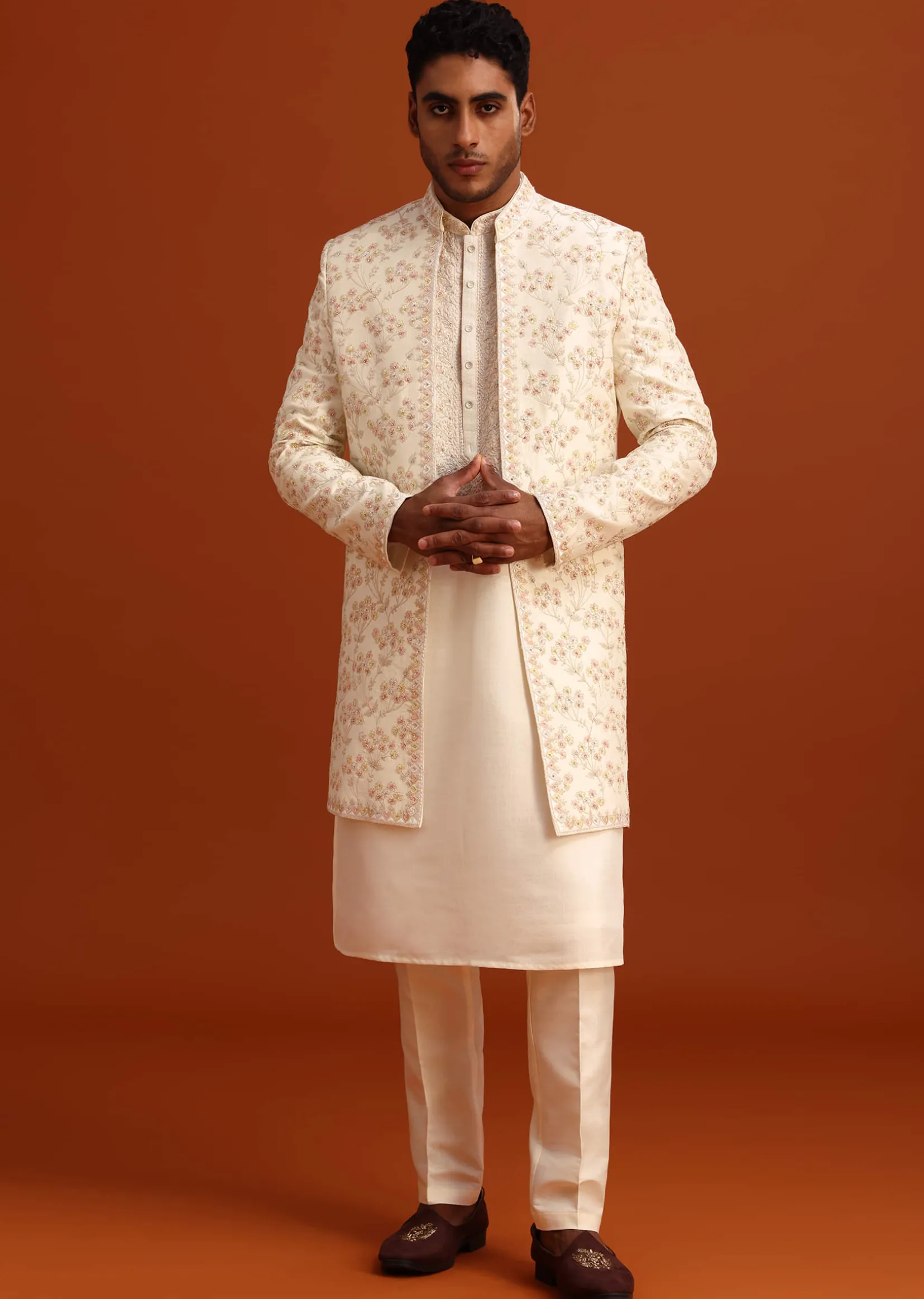 Beige Cotton Silk Sherwani Set With Hand Work