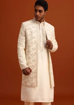 Beige Cotton Silk Sherwani Set With Hand Work
