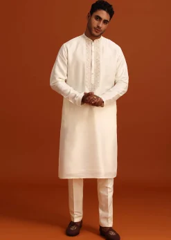Beige Cotton Silk Sherwani Set With Hand Work