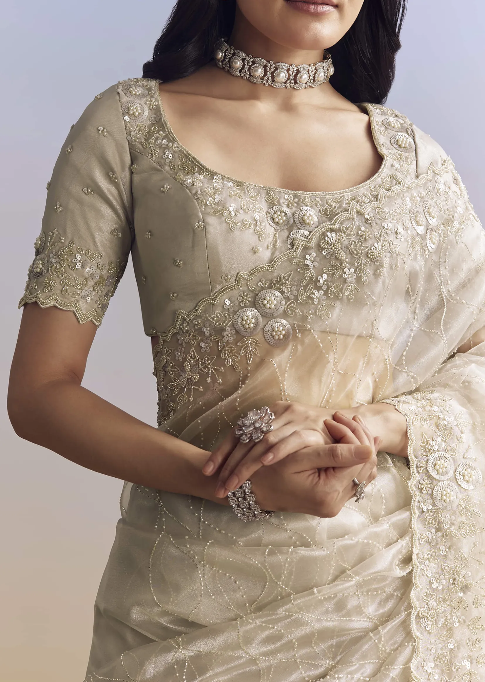 Beige Cream Tissue Saree With Floral Jaal