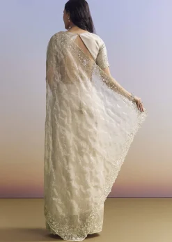 Beige Cream Tissue Saree With Floral Jaal