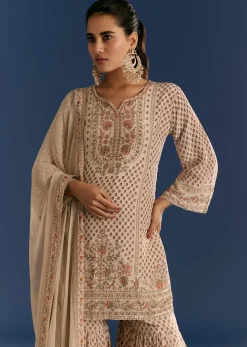 Beige Crepe Printed Kurta Sharara With Dupatta And Potli Bag