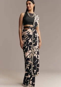 Beige Crepe Saree With Black Floral Print And Embellished Border