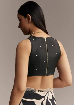 Beige Crepe Saree With Black Floral Print And Embellished Border