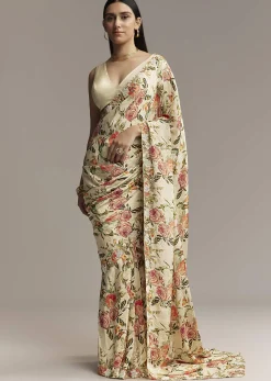 Beige Crepe Saree With Multicolor Floral Print And Moti Embroidery