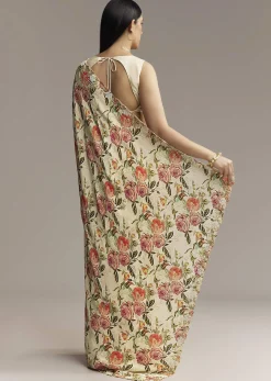 Beige Crepe Saree With Multicolor Floral Print And Moti Embroidery