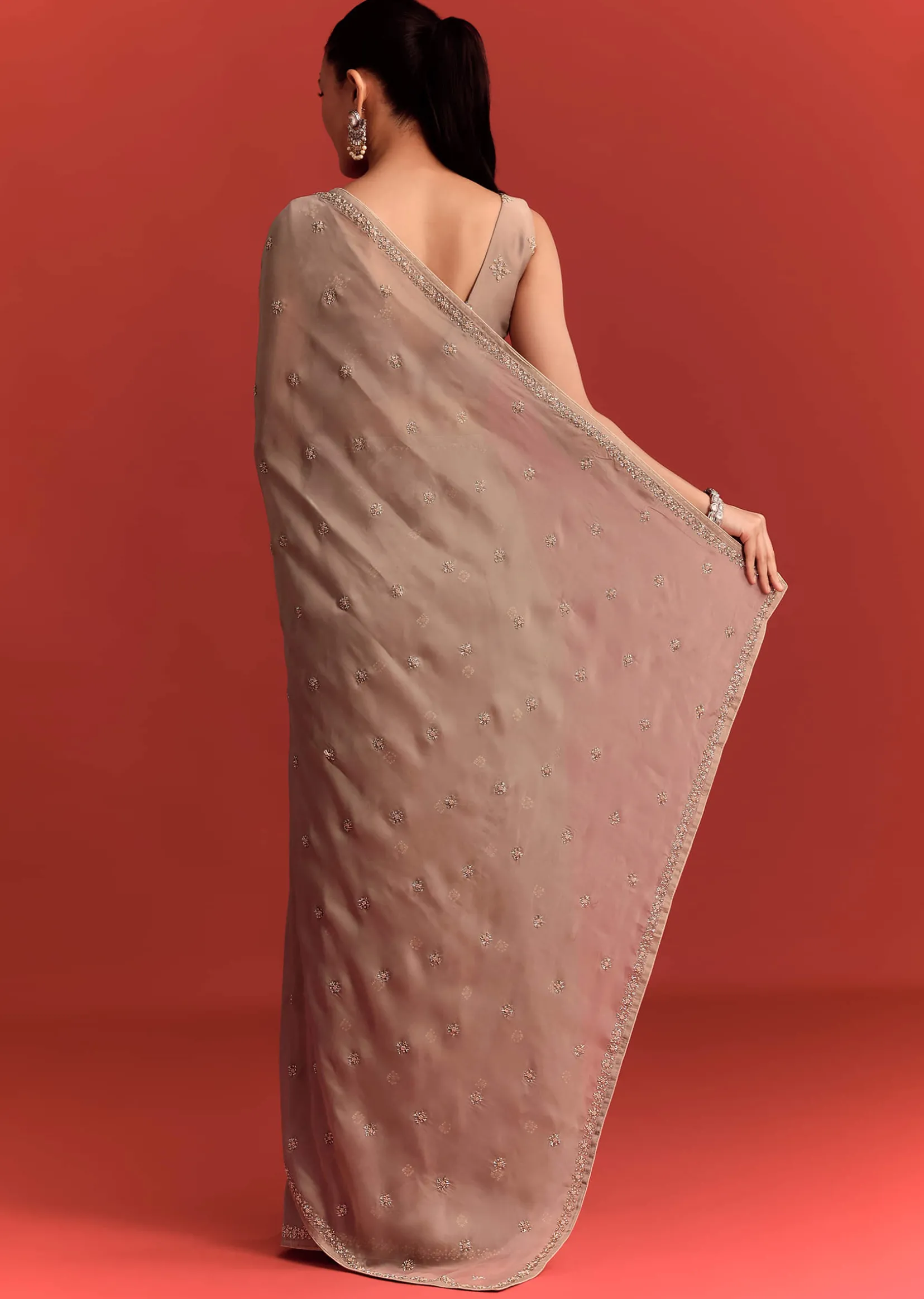 Beige Crepe Silk Saree With Cutdana Work