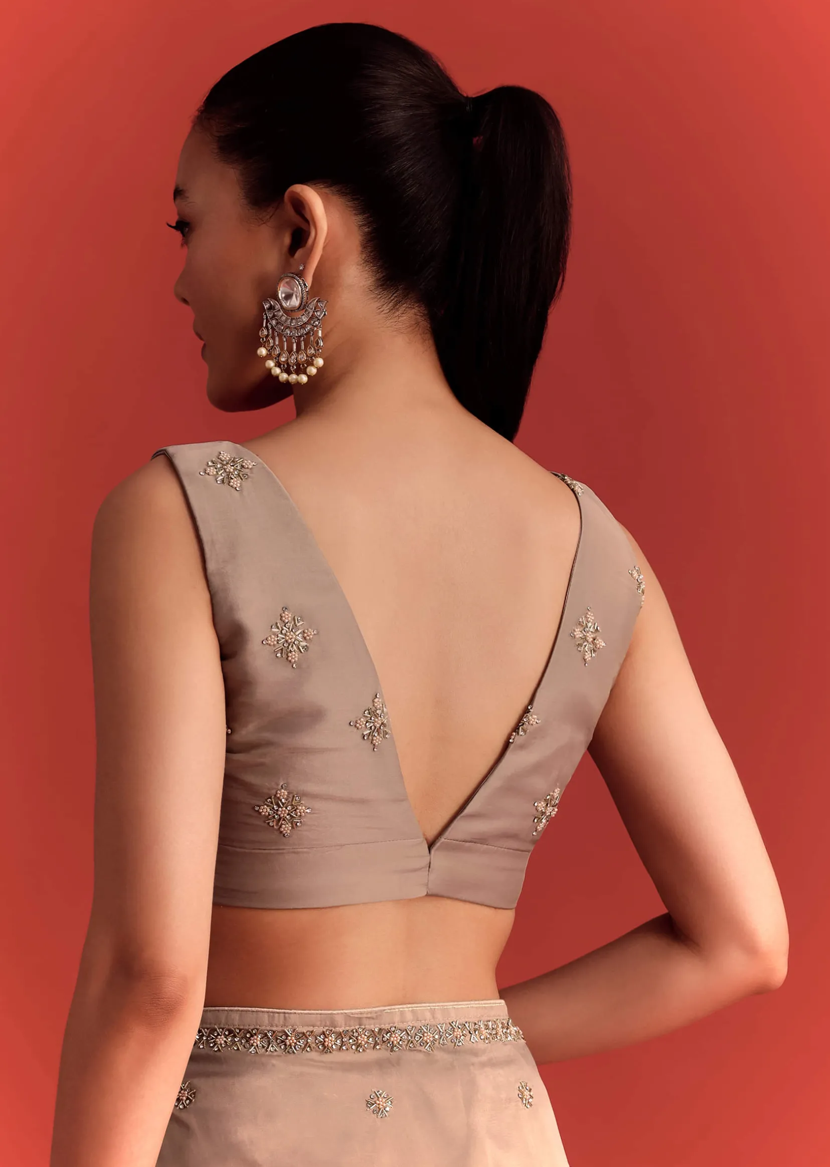 Beige Crepe Silk Saree With Cutdana Work