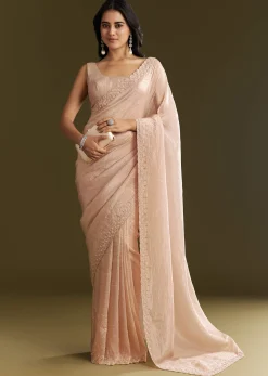 Beige Crepe Tissue Saree With Moti Beads And Cutdana Embroidery