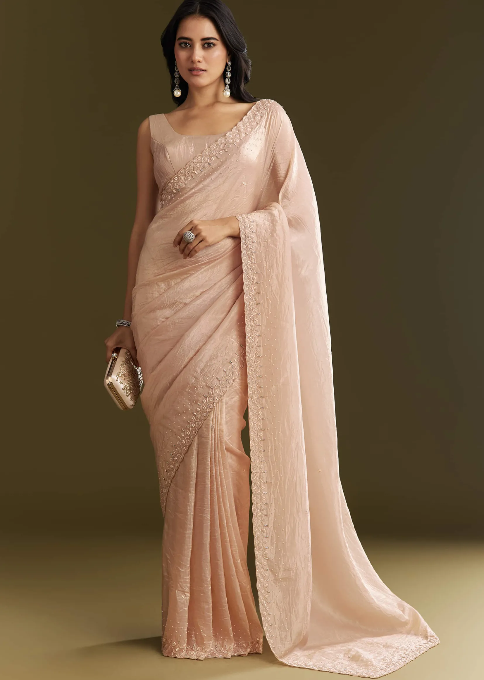 Beige Crepe Tissue Saree With Moti Beads And Cutdana Embroidery