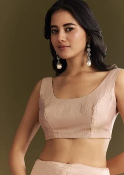 Beige Crepe Tissue Saree With Moti Beads And Cutdana Embroidery