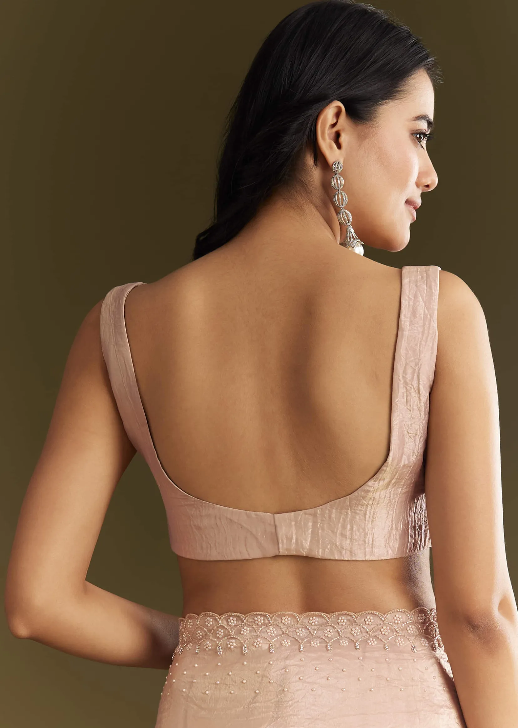 Beige Crepe Tissue Saree With Moti Beads And Cutdana Embroidery