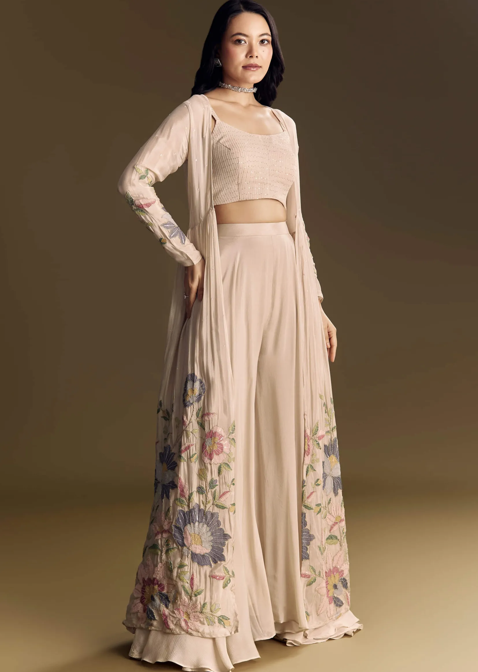 Beige Crop Top Set With Thread And Sequin Jacket