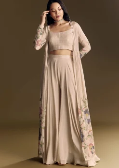 Beige Crop Top Set With Thread And Sequin Jacket