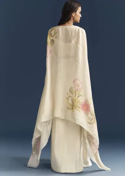 Beige Crop Top Skirt Set With Resham Work And Floral Cape