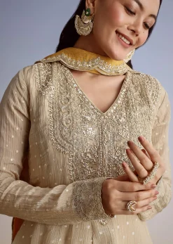 Beige Crush Tissue Embroidered Kurta Sharara Suit With Dupatta