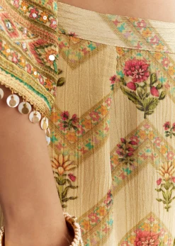 Beige Crush Tissue Floral Printed Kaftaan Sharara With Mirror Sequins Work