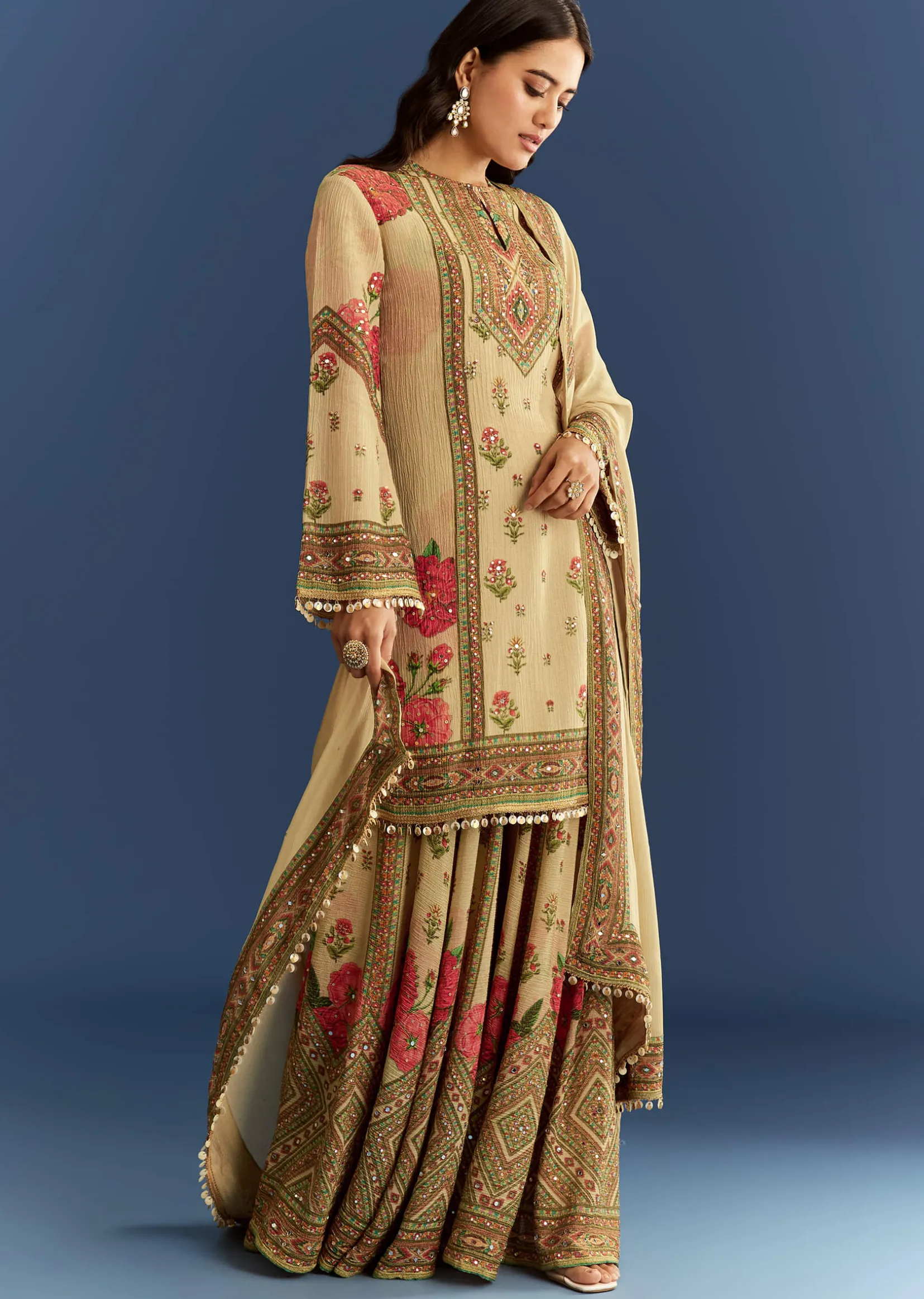 Beige Crush Tissue Floral Printed Kurta Palazzo With Dupatta